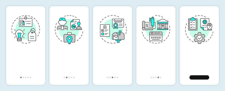 Create LLC onboarding mobile app screen. Limited liability company. Walkthrough 5 steps editable graphic instructions with linear concepts. UI, UX, GUI vector