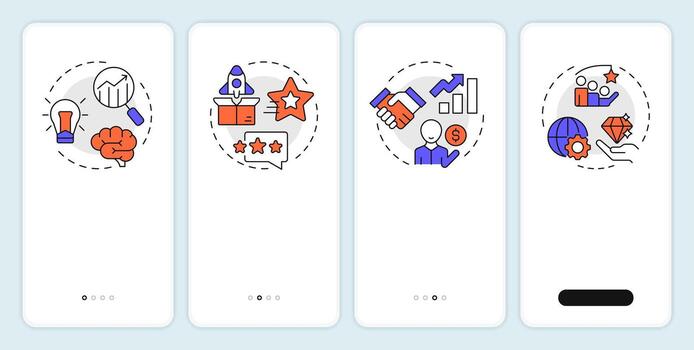 Startup growth stages onboarding mobile app screen. Business project. Walkthrough 4 steps editable graphic instructions with linear concepts. UI, UX, GUI vector