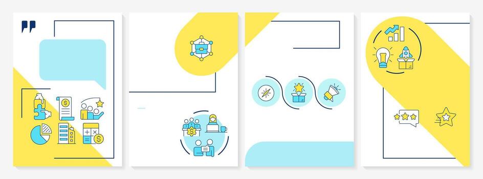 Startup playbook blue and yellow brochure layout. Business structures, plan and growth stages. Leaflet advertising design with color line icons. Editable 4 pages vector