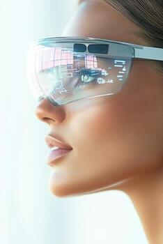 Elegant person presents advanced fashion eyewear. High tech design enhances futuristic style. Face detail shows technology integration with modern apparel. photo