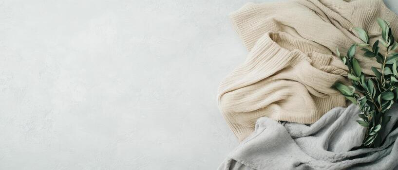 tejido vestidos desplegado en superficie con verde puntilla. ropa textura con neutral tonos Moda diseño con Copiar espacio. ligero gris Roca fondo para diseño. foto