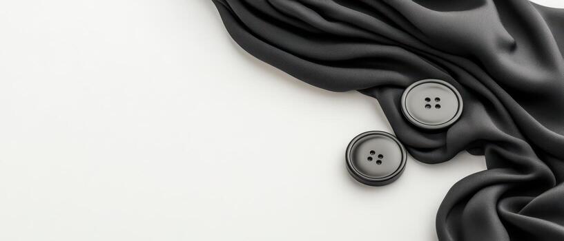 Dark Fabric Drape with Buttons, Futuristic Fashion Element Detail, Smooth Textile with Circular Fasteners, Elegant Cloth Laying Flat photo