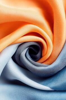 Cloth Swirls with Orange Blue Colors. Textile Folds in Spiral Pattern. Abstract Appearance of Soft Fabric. Fashion Elements Design. photo