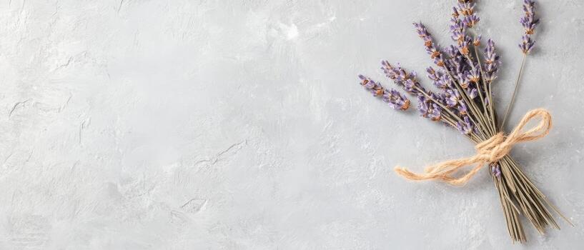 Dried lavender bundle tied with string on gray surface. Purple flower arrangement with natural twine. Floral decoration on stone background. Space for text. photo