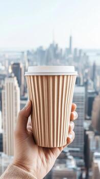 Person holds reusable container. Zero waste living reduces environmental impact. Person practices waste reduction. Lifestyle reflects a desire to minimize waste. Urban scene backdrop. photo