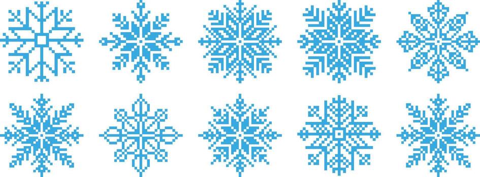 Pixel snowflakes winter ice crystal game icon set. Snow flake retro computer 8 bit pixel art elements vector