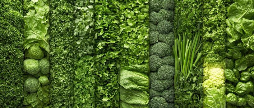 Assortment of fresh green vegetables arranged in vertical rows, showcasing broccoli, beans, lettuce, and leafy greens. photo