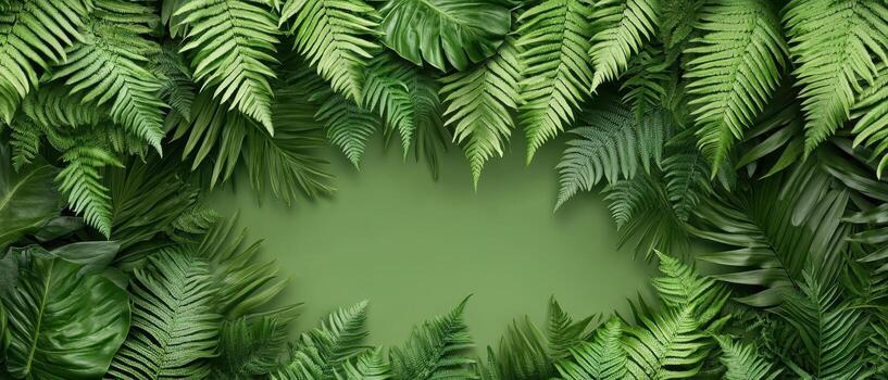 Lush green ferns and tropical leaves creating a natural border with a central empty space. photo