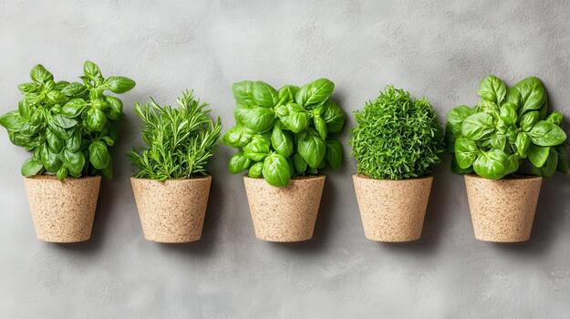 Five small terracotta pots with lush green basil plants arranged in a row on a textured grey background. photo