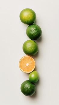 Vibrant green limes and a bright orange slice arranged in a vertical line on a clean light background. photo