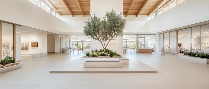 moderno abierto interior espacio con un grande aceituna árbol en el centrar y natural ligero desde arriba. foto