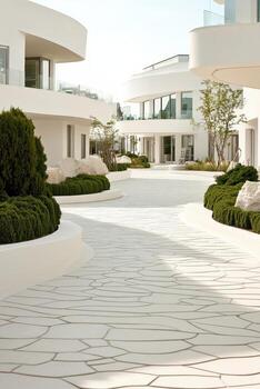 Modern white buildings with curved architecture and geometric paving stones create a clean, bright courtyard with manicured green bushes. photo