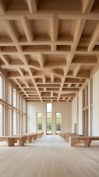 Modern interior space with wooden beams on the ceiling and benches arranged in rows. photo