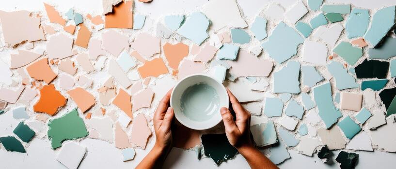 Hands holding bowl over scattered colorful tile fragments in a palette of pastels and deep greens, suggesting creative arrangement and color mixing. photo
