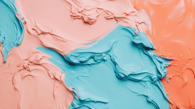 Textured abstract surface with swirling pastel pink and teal cream, blending smoothly, conveying a sense of creative flow and imagination. photo