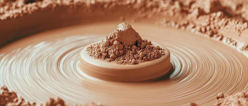 Raw earth material forming a spiral mound on a rotating circular surface. photo