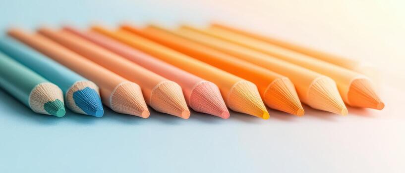 A row of colored pencils with sharp tips arranged on a light blue surface, evoking imagination and bright ideas. photo
