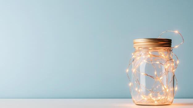 Glass jar filled with glowing string lights against a soft blue background, symbolizing bright ideas and imagination. photo