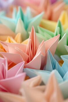 Soft pastel paper flowers folded into delicate shapes creating a bright and cheerful pattern for inspiration. photo