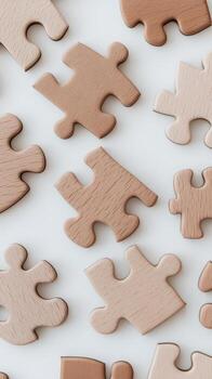 Wooden puzzle pieces scattered on a white background, symbolizing connection and problem solving. photo