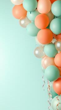 Multiple colorful balloons with ribbons floating in the air against a soft blue background, suggesting celebration and joy. photo
