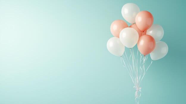 Bunch of white and coral balloons floating against a simple light blue backdrop photo
