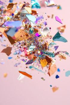 vistoso aplastada polvo partículas explotando hacia fuera en contra un suave rosado fondo con pequeño motas a la deriva. foto