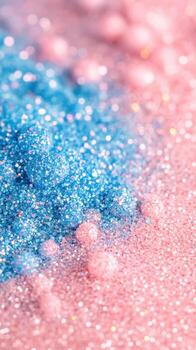 Close up of sparkling blue and pink glitter dust with soft focus background, creating a magical texture. photo