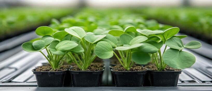 Young green plants grow in black containers on rows, representing future advancements in biological creation and development. photo