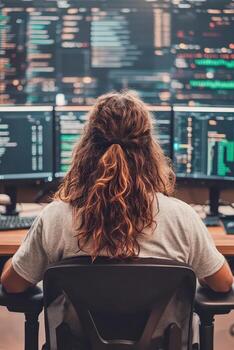 A woman sitting at a desk with multiple computer screens photo