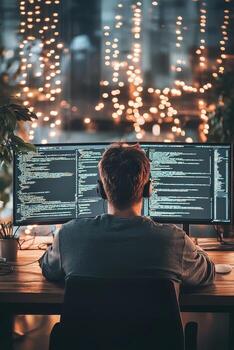 A man sitting at a desk with two computer screens photo