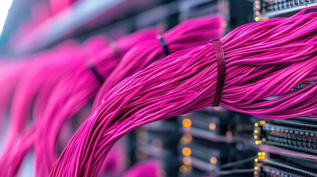 Pink wires are connected to servers in a data center photo