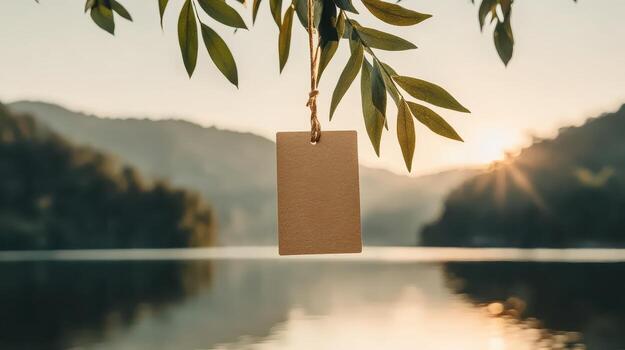 A blank card hanging from a tree branch with a lake in the background photo