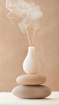 Balanced stones with diffuser sticks releasing gentle smoke, evoking peace and tranquility in a serene setting for wellness and relaxation. photo