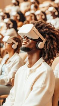 Audience enjoys visual simulation. Seated people wearing virtual reality headsets. Technology enables experience and immersion. Networks connect devices. Future interaction with 5G photo
