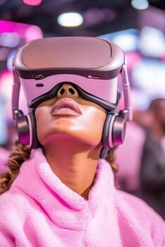 Person with virtual reality headset and headphones looks up in pink illuminated space. Connecting with fast 5G networks. photo