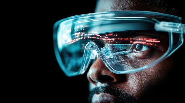 Person looking through smart glasses reflecting data. Networks and modern communication concept on dark background. 5G connectivity advancement. photo