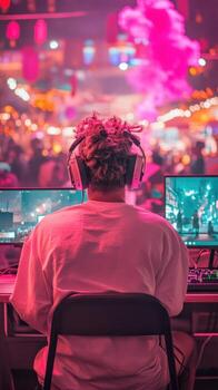 Person sits wearing headphones facing computer screens. Glowing pink light illuminates networks. Technology concept. High speed data transmissions. photo