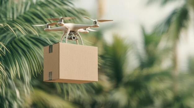 Drone flies holding cardboard box. Foliage blurs in background. High speed networks connect aerial vehicle for fast transfers. Future systems advance swiftly. photo