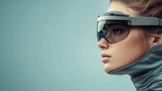 Woman profile wearing futuristic visor. Represents data streams communication through 5G networks. Grey color scheme with soft light. Smooth skin reflects advanced technology photo
