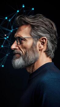 Profile view of mature individual with glasses. Glowing network nodes displayed behind. Concept for wireless 5G networks and communication technology. photo
