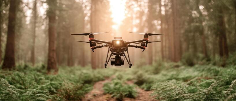 Drone flies among trees. Sunlight shines through forest. Dense green foliage below. Networks connect above. photo