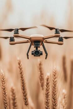 Unmanned Vehicle Flies Over Wheat Field. Agricultural Monitor Using Networks. Modern Technology Controlling Plants With Wireless Communication. photo