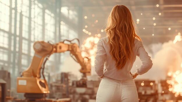 Woman watches robotic arm working in large factory. Sparks fly as machine operates. Automation technology and innovation concept. photo