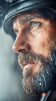 Man with beard looks ahead in falling rain. Water droplets visible on skin and helmet. Intense stare, gray background, close up profile. photo