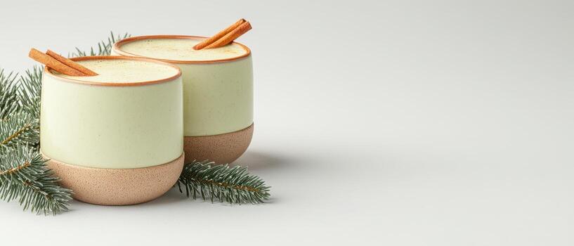 Creamy beverages in mugs with cinnamon sticks and evergreen boughs on plain background. Festive craft drinks create cozy atmosphere. photo