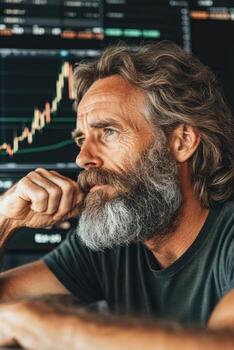 Contemplative individual views cryptocurrency trading analytics on computer screen. Digital financial market analysis. Online investing charts. Focus on price fluctuations. photo