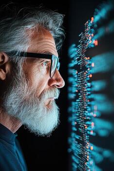 Bearded man analyzes digital screen with cryptocurrency data. Trader studies market trends for digital asset trading and investment strategy. photo