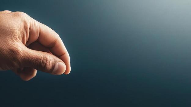 Close up of fingers pinching motion on dark gradient background. Human hand gesturing with open space. Forefinger and thumb close together photo