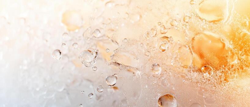 Close up of water bubbles inside clear ice with orange and white light. Cool fresh frozen texture for background, frost surface with air drops. photo